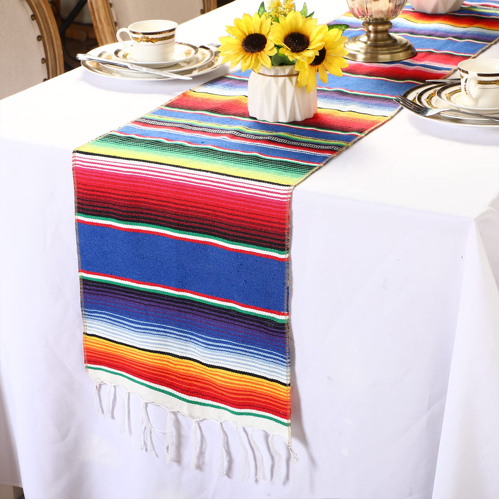 Tegeme 12 Pcs Mexican Table Runners 14 X 84 Inch Mexican Serape Table Runner Decor Blanket Fringe Cotton Table Runner Decoration